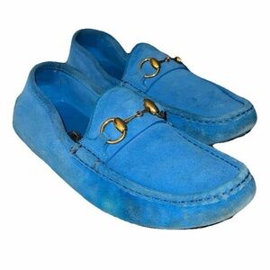 Gucci Blue Suede Loafers with Gold Accent